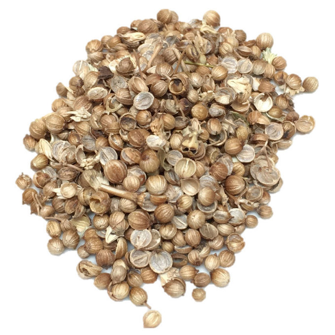 Whole and broken coriander seeds